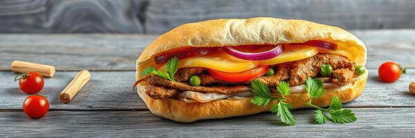 Freshly made sandwich topped with vegetables and herbs on a rustic wooden table photo