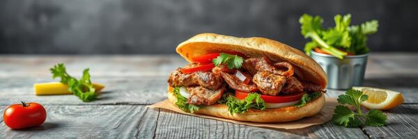 Delicious grilled meat sandwich served with fresh vegetables on a rustic wooden table photo