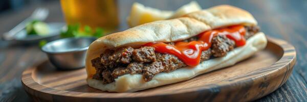 Delicious beef sandwich served on a wooden platter with ketchup, set against a rustic wooden background photo