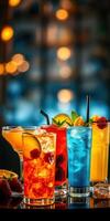 Colorful array of tropical cocktails showcased at a bar during an evening gathering photo