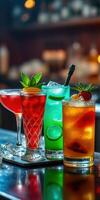 Colorful cocktails served on a bar counter with garnishes and ice during a vibrant evening setting photo