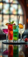 Vibrant cocktails arranged on a tray in a cozy bar setting during evening hours photo