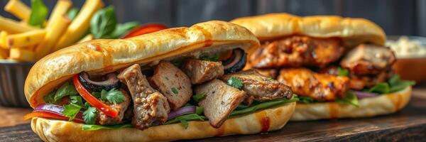 Delicious grilled sandwiches served with fries and dipping sauce at a cozy eatery during lunchtime photo