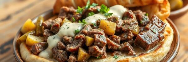 Traditional dish featuring tender beef chunks and vegetables served on flatbread with a creamy sauce photo