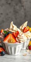 Delicious soft serve ice cream topped with fresh fruits in elegant bowls at a summer gathering photo