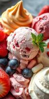 Delicious dessert creation featuring colorful ice cream, fresh fruits, and whipped toppings in a vibrant setting photo
