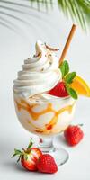 Delicious strawberry dessert topped with creamy whipped cream and garnished with mint and orange slice photo