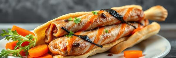 Savory grilled sausages wrapped in flatbread with fresh vegetables on a plate photo