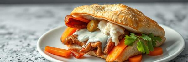 Delicious sandwich with grilled meat, fresh vegetables, and flavorful sauce served on a sesame seed bun at a modern cafe photo