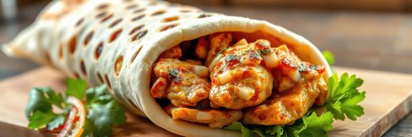 Delicious chicken wrap prepared with fresh ingredients and served on a wooden board photo