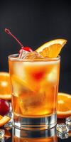 Refreshing cocktail garnished with cherry and orange slices fills a glass with ice cubes and vibrant colors photo