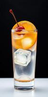Refreshing cocktail with orange and cherry garnishes served over ice in a clear glass photo