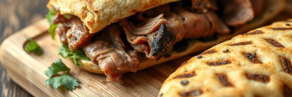 Juicy grilled meat sandwich with fresh herbs on a wooden board in a cozy cafe setting photo