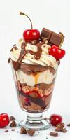 Delicious dessert featuring layers of chocolate, whipped cream, and cherries served in a glass cup photo