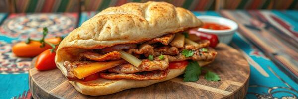 Mouthwatering sandwich filled with grilled chicken, peppers, and sauce served on a wooden board photo