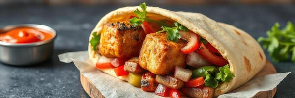 Flavorful wrap filled with grilled tofu, fresh vegetables, and spicy sauce served on a rustic table photo