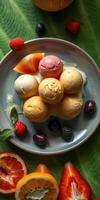 Colorful scoops of ice cream arranged artfully on a plate with fresh fruit garnishes in a vibrant setting photo