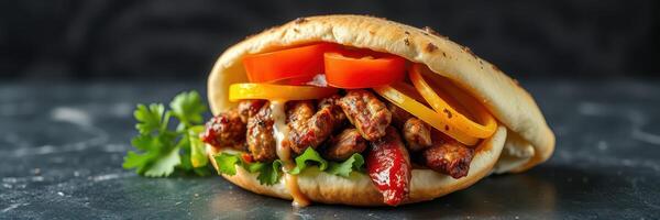 Delicious grilled meat wrap with fresh vegetables served on a marble countertop photo