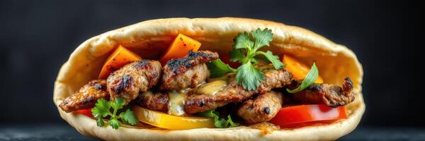 Grilled chicken wrap filled with fresh vegetables and herbs served on a dark background photo