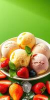 Colorful ice cream bowl filled with various flavors and fresh fruit arranged on a green background photo