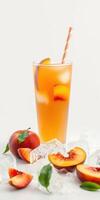 Refreshing peach iced tea served with fresh peach slices on a bright background in summer photo