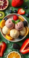 Delicious assortment of ice cream scoops surrounded by fresh fruits on a vibrant green background photo