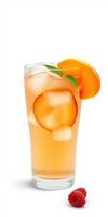 Refreshing peach beverage with garnishes served in a clear glass on a white background photo