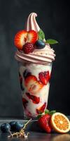 Delicious dessert featuring soft-serve ice cream topped with fresh fruits and mint in a stylish setting photo