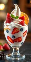 Delicious dessert featuring strawberries, blueberries, and whipped cream in a glass bowl photo