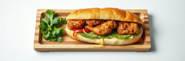 Delicious sandwich filled with crispy chicken, fresh vegetables, and herbs on a wooden tray photo