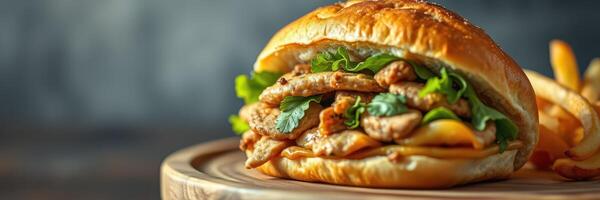 Delicious grilled chicken sandwich served with crispy fries on a rustic wooden plate photo