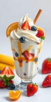 Colorful dessert featuring creamy soft serve topped with fresh fruits and syrup in a glass on a bright background photo