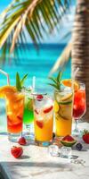 Refreshing tropical cocktails by the beach with vibrant colors in bright sunlight photo