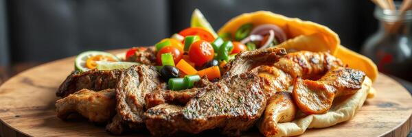 Grilled meat platter with fresh vegetables served on a wooden board in a cozy restaurant setting photo