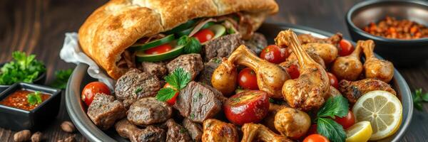Savory grilled meats served with fresh vegetables and aromatic spices on a wooden table photo