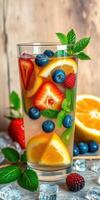 Fresh fruit beverage with vibrant colors and mint leaves in a clear glass photo