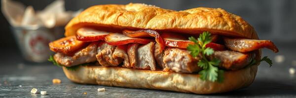 Delicious sandwich filled with grilled meat and fresh toppings served in a cozy cafe setting photo