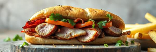 Delicious sandwich filled with grilled chicken, tomatoes, and fresh herbs served with crispy fries photo