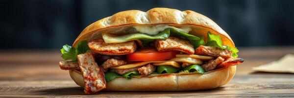 Delicious sandwich with grilled chicken, fresh vegetables, and creamy sauce served on a wooden table photo