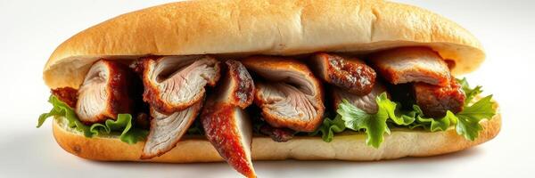 Delicious sandwich filled with sliced meats and fresh lettuce on a soft sub roll ready for lunchtime enjoyment photo