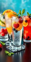 Refreshing summer cocktails featuring fruits and mint served on a dark table with vibrant blue background photo