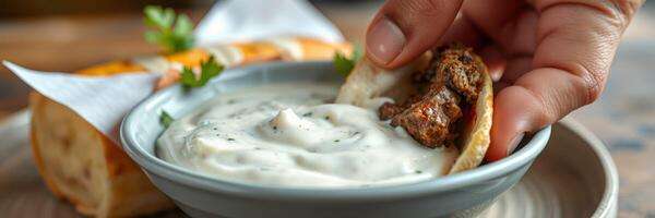 Delicious meze platter featuring freshly baked bread and rich yogurt sauce enjoyed at a cozy eatery in the early afternoon photo