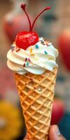 Delicious ice cream cone topped with a cherry and colorful sprinkles at a summer celebration photo