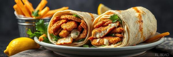 Delicious chicken wrap served with crispy fries and lemon slices in a gourmet setting photo