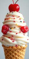 Delicious frozen treat with whipped cream, cherries, and sprinkles served in a waffle cone at a summer celebration photo