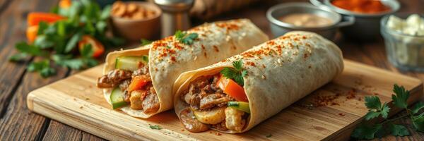 Delicious grilled chicken wraps with fresh vegetables on a wooden board in a cozy kitchen setting photo