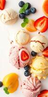 Delicious assortment of ice cream scoops with fresh fruits and mint garnish on a white background photo