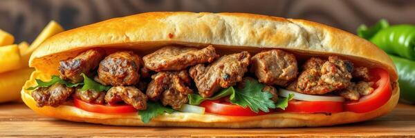 Savory sandwich filled with grilled meat and fresh vegetables served with fries photo