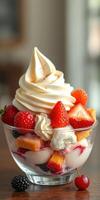 Enjoying a delicious dessert cup filled with cream, strawberries, and other fruits in a cafe photo