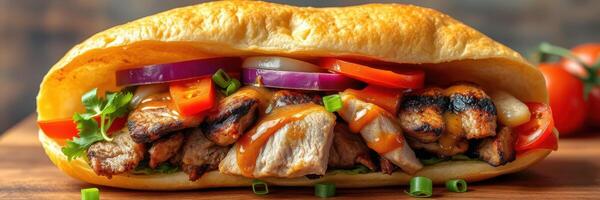 Delicious grilled chicken sandwich loaded with fresh vegetables served on a toasted roll photo